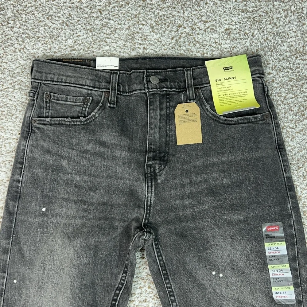Levis 510 Jeans Mens 32x34 Gray Skinny Stretch Denim Distressed Charcoal Paint
